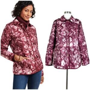 Talbots | Floral Quilted Maroon Berry Lightweight Plus Size Barn Jacket Puffer